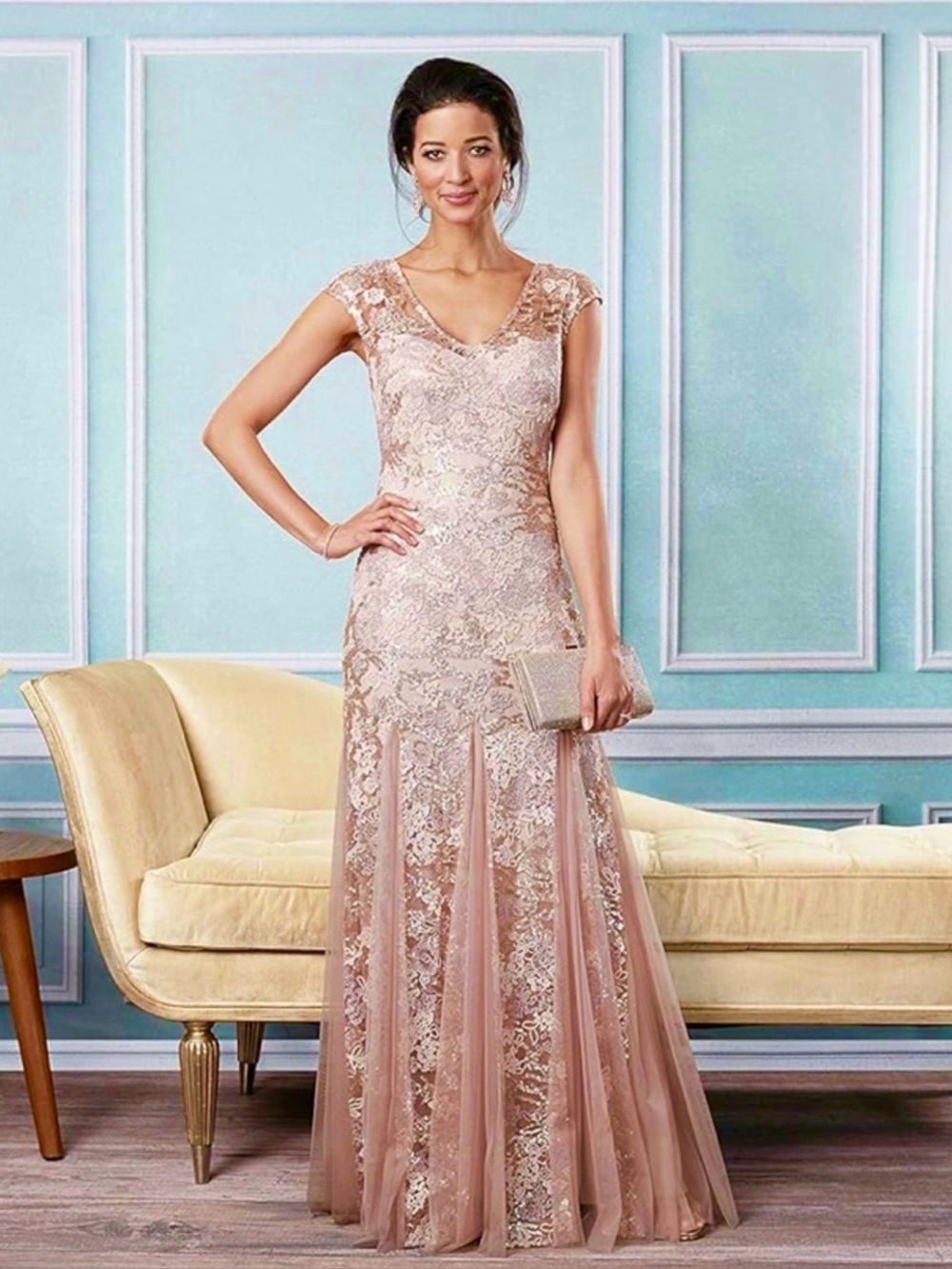 Alex Evenings Sequin Lace Sleeveless Gown w/ Mesh Godet Insets – Size 14 rose